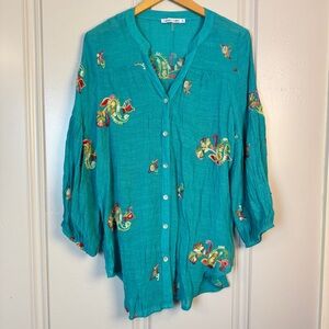 Figueroa & Flower Teal Embroidered Button Down Boho Shirt Top Womens Size XL